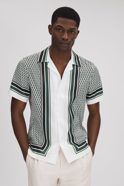 Shop Reiss Blair - White/green Geometric Print Cuban Collar Shirt, Xl