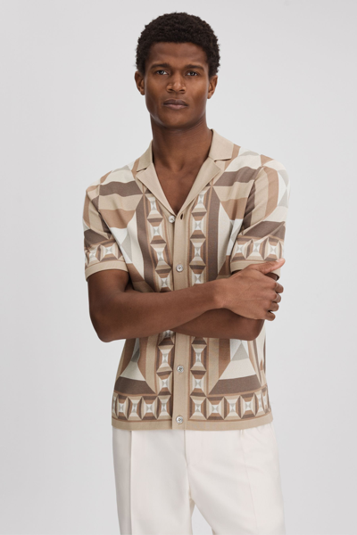 Shop Reiss Camel Multi Knitted Cuban Collar Shirt