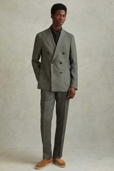Reiss Dark Sage Linen Double Breasted Blazer In Dark Sage