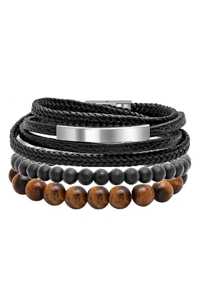 Shop Hmy Jewelry Mens' Multi-strand Bead & Braided Leather Bracelet In Silver/ Black/ Brown