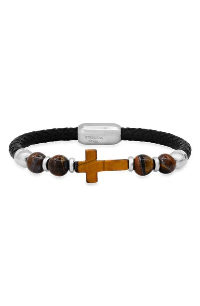 Shop Hmy Jewelry Mens' Bead & Braided Leather Bracelet In Silver/ Brown/ Black