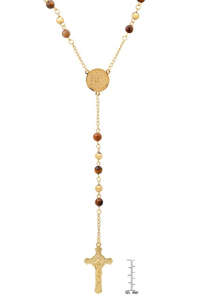 Hmy Jewelry Mens' 18k Gold Plate Stainless Steel Crystal Rosary Necklace In Brown/ Gold
