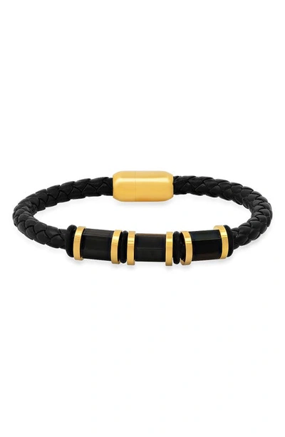 Shop Hmy Jewelry Mens' Two-tone Braided Leather Bracelet In Gold/ Black