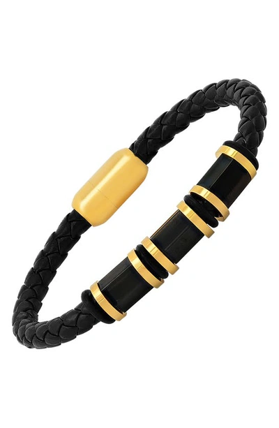 Shop Hmy Jewelry Mens' Two-tone Braided Leather Bracelet In Gold/ Black