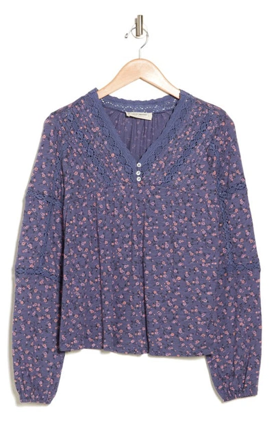 Shop Lucky Brand Floral Print Lace Inset Top In Blue Multi