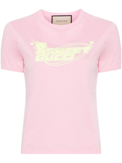 Shop Gucci Pink Logo-print Cotton T-shirt