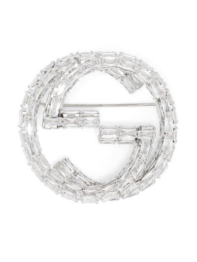Shop Gucci Palladium-tone Crystal Interlocking G Brooch In Silver