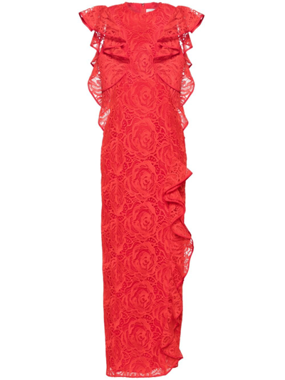 Shop Huishan Zhang Red Ruffled Guipure-lace Gown