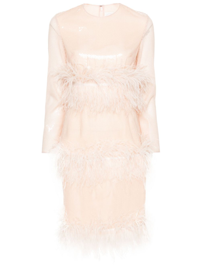 Shop Huishan Zhang Pink Feather-trimmed Sequinned Dress