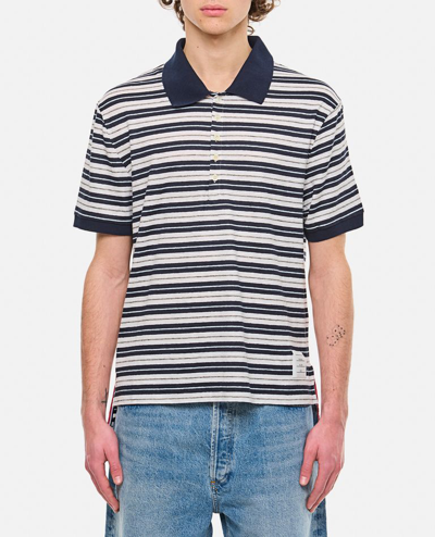 Thom Browne Striped Linen-blend Jersey Polo Shirt In Blue