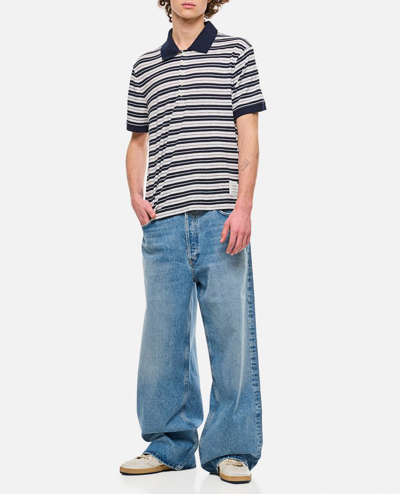 Thom Browne Striped Linen-blend Jersey Polo Shirt In Blue