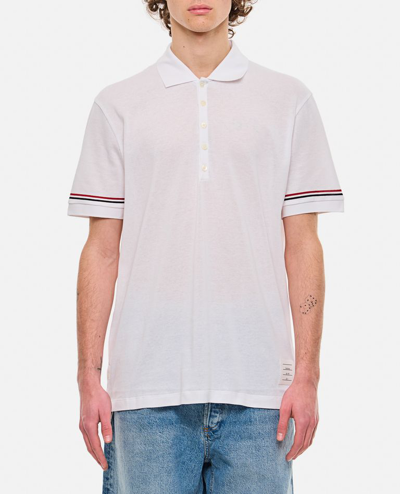 Thom Browne Short-sleeved Navy Polo Shirt With Patch In White