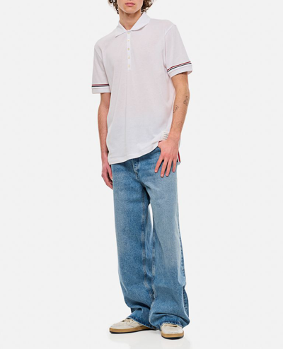 Thom Browne Short-sleeved Navy Polo Shirt With Patch In White