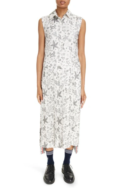Thom Browne Nautical Crystal Print Sleeveless Pleated Silk Shirtdress In White
