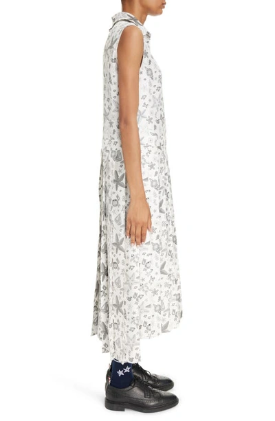 Thom Browne Nautical Crystal Print Sleeveless Pleated Silk Shirtdress In White