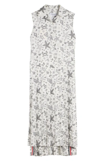 Thom Browne Nautical Crystal Print Sleeveless Pleated Silk Shirtdress In White