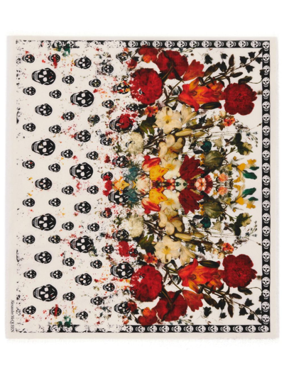 Shop Alexander Mcqueen Neutral Skull Floral-print Wool Scarf In Neutrals
