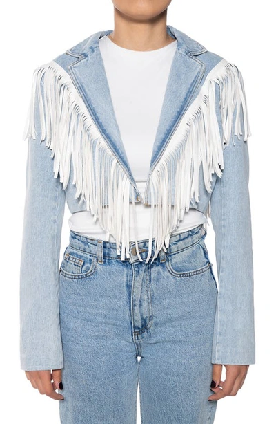 Azalea Wang Fringe Crop Denim Jacket In Blue