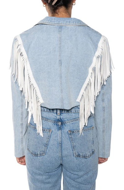Azalea Wang Fringe Crop Denim Jacket In Blue