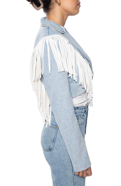 Azalea Wang Fringe Crop Denim Jacket In Blue