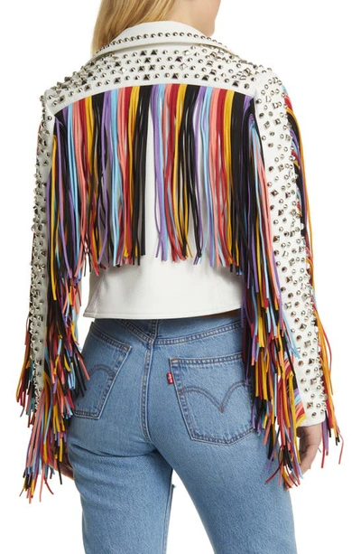 Azalea Wang Rainbow Fringe Stud Detail Faux Leather Moto Jacket In White Multi