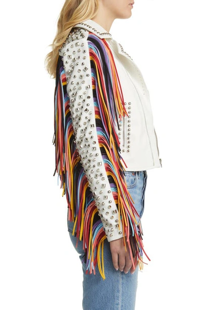 Azalea Wang Rainbow Fringe Stud Detail Faux Leather Moto Jacket In White Multi