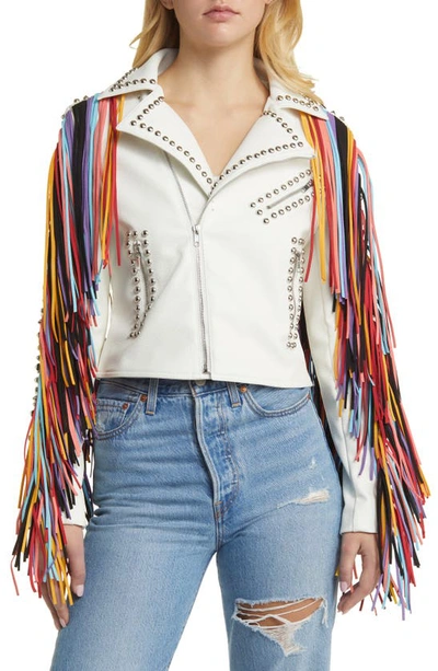 Azalea Wang Rainbow Fringe Stud Detail Faux Leather Moto Jacket In White Multi