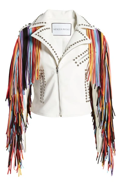 Azalea Wang Rainbow Fringe Stud Detail Faux Leather Moto Jacket In White Multi