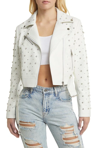 Shop Azalea Wang Stud Detail Faux Leather Moto Jacket In White
