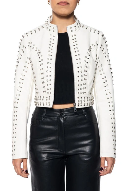 Shop Azalea Wang Studded Faux Leather Crop Moto Jacket In White