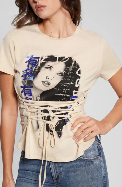 Shop Guess Manga Girl Lace-up Graphic T-shirt In Beige