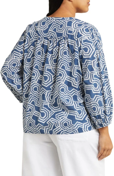 Shop Caslon Print Split Neck Cotton Popover Top In Blue Ensign- Ivory Ladder Geo