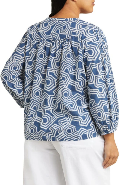 Caslon Print Split Neck Cotton Popover Top In Blue Ensign- Ivory Ladder Geo