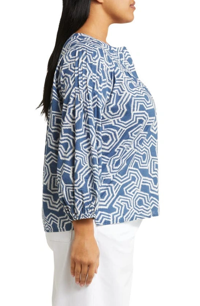 Caslon Print Split Neck Cotton Popover Top In Blue Ensign- Ivory Ladder Geo