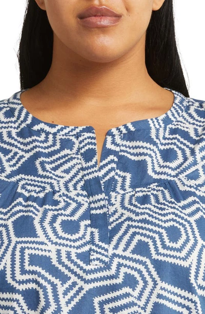 Shop Caslon Print Split Neck Cotton Popover Top In Blue Ensign- Ivory Ladder Geo