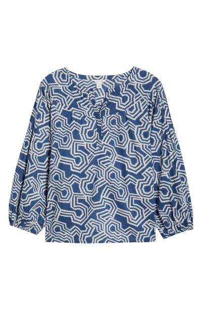 Shop Caslon (r) Print Split Neck Cotton Popover Top In Blue Ensign- Ivory Ladder Geo