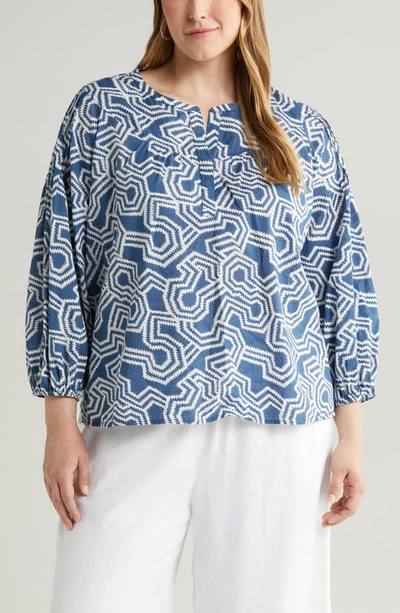 Caslon Print Split Neck Cotton Popover Top In Blue Ensign- Ivory Ladder Geo