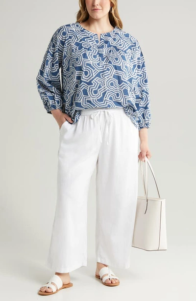 Caslon Print Split Neck Cotton Popover Top In Blue Ensign- Ivory Ladder Geo