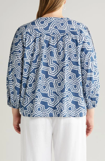 Caslon Print Split Neck Cotton Popover Top In Blue Ensign- Ivory Ladder Geo