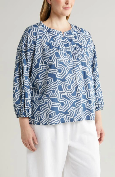 Caslon Print Split Neck Cotton Popover Top In Blue Ensign- Ivory Ladder Geo