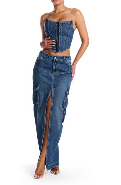 Shop Naked Wardrobe Denim Dreams Corset In Indigo Wash