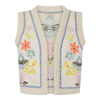 Shop Anorak Nooki Cassidy Gilet Waistcoat Embroidered Cream Multi In Neutrals