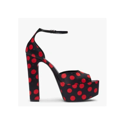 Shop Saint Laurent Jodie Platform Sandal On 95mm Heel In Black Duchesse Satin With Red Spots