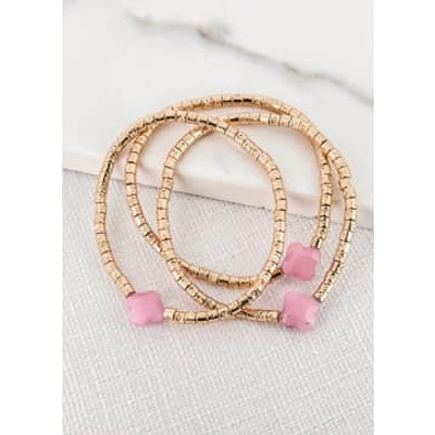 Shop Envy Gold Triple Layer Bracelet With Semi Precious Pink Fleurs
