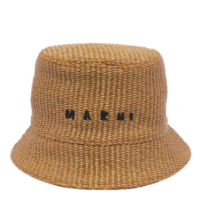 Shop Marni Bucket Hat Rafia Effect With Embroidered Logo In Leather
