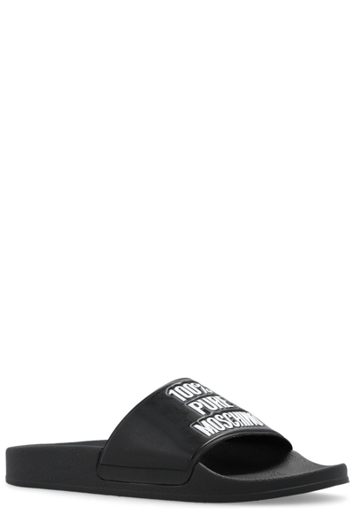 Moschino Logo-embossed Textured Slides In Black
