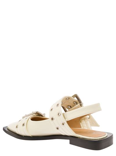 Shop Ganni White Slingback Ballet Flats With Chunky Buckle In Recycled Polyester Blend Woman