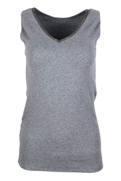 Shop Fabiana Filippi Tank Top In Organic Cotton Jersey With Both V-neck And Crew-neck Embellished With Rows Of Brilliant  In Grey