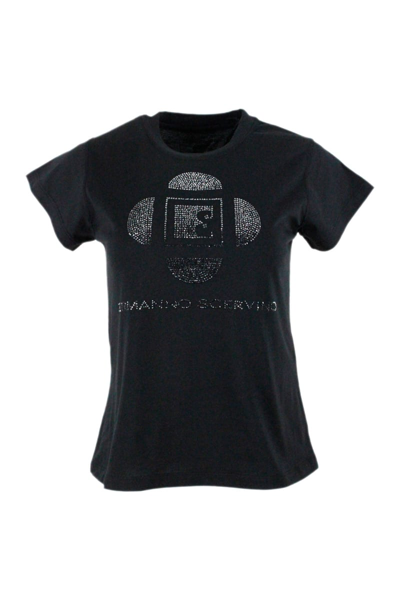 Shop Ermanno Scervino Short Sleeve Crewneck T-shirt With Crystal Logo In Black
