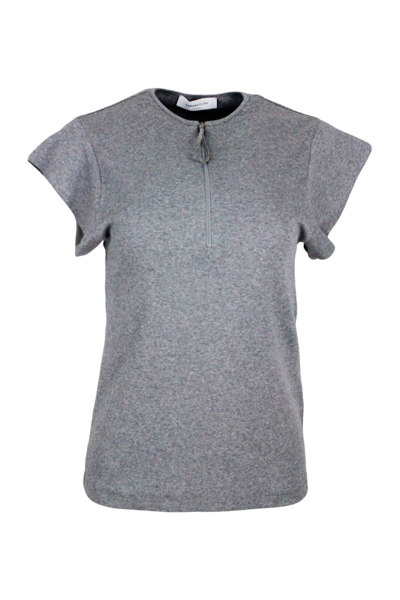Shop Fabiana Filippi Short-sleeved Round-neck Cotton Jersey T-shirt With Zip And Embellished With Rows Of Brilliant Jewel In Grey
